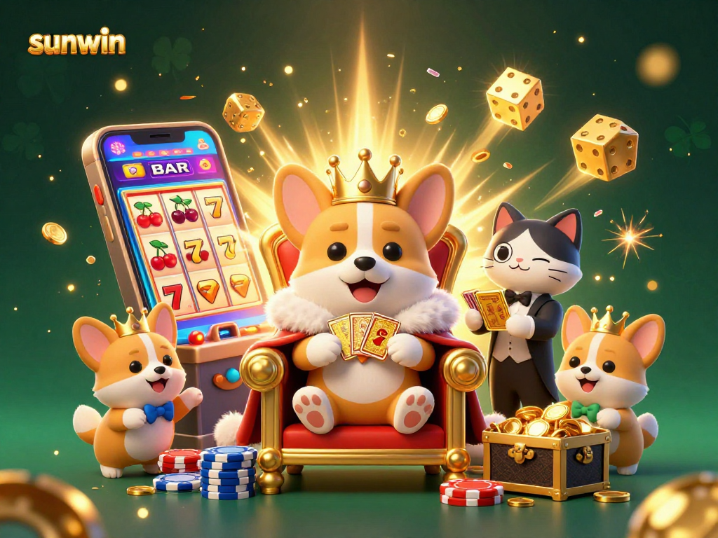 Experience the thrill of sunwin gaming with a vibrant casino illustration featuring royal corgis and dynamic slot action.
