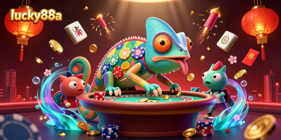 Win big with lucky88a in this vibrant casino scene featuring a chameleon owner.