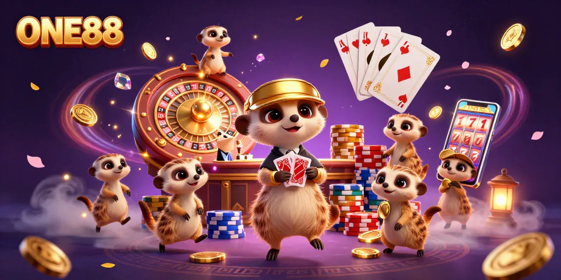 ONE88 casino scene showcasing meerkats in a lively gaming operation filled with coins and action.