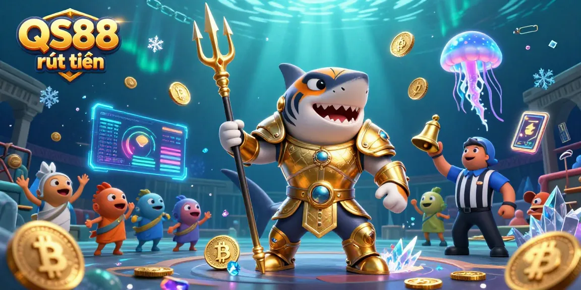 Engage in thrilling gameplay with QS88 rút tiền amid vibrant underwater action featuring a shark gladiator.