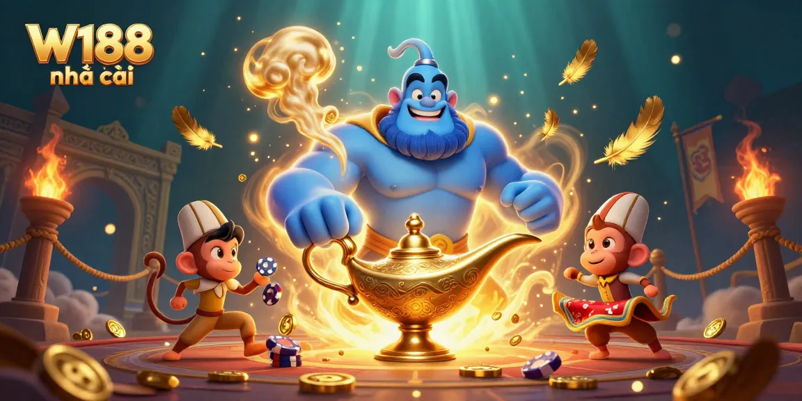 Experience the thrill of W188 nhà cái with a vibrant and magical casino scene featuring a genie and poker chips.