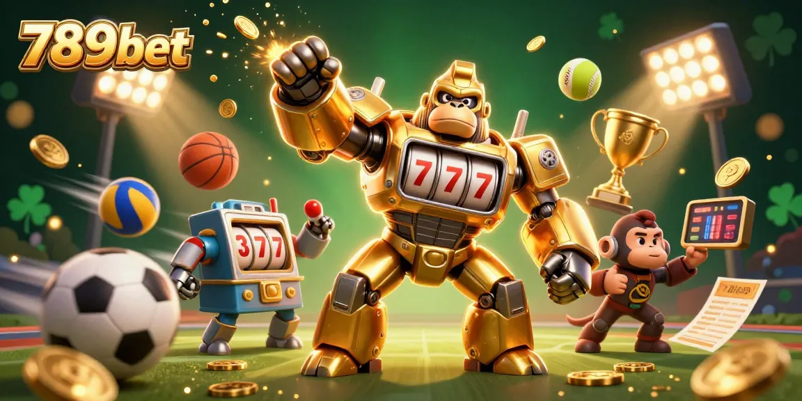 Bet on exciting moments with 789bet featuring a golden gorilla mech amid dynamic sports elements.