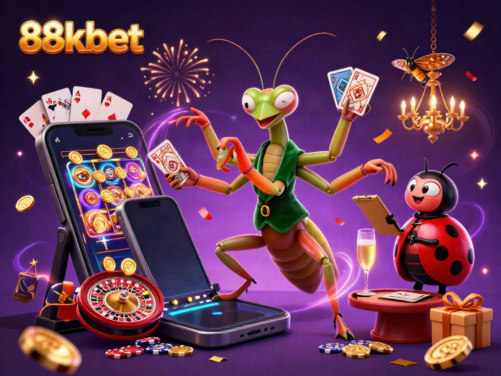 Join the excitement at 88kbet with a vibrant casino scene featuring a giant mantis card sharp and ladybug pit boss.