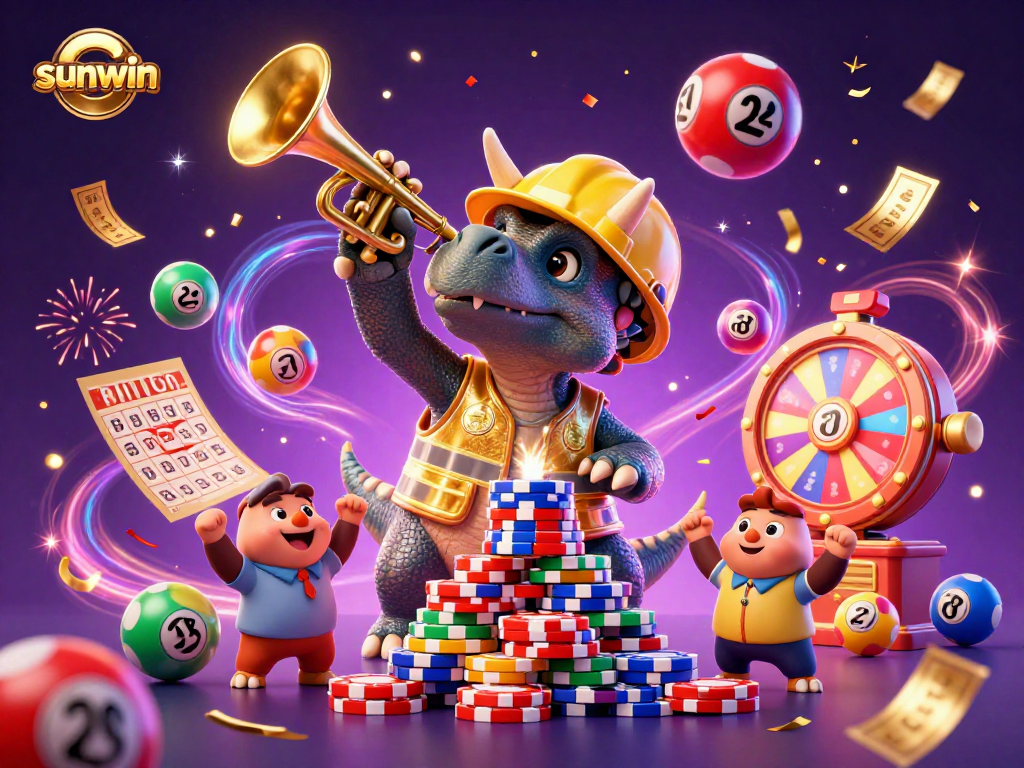 Sunwin brings excitement with cartoon dinosaurs celebrating a lottery theme amidst casino visuals.
