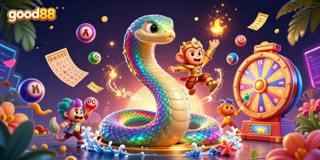 Engage in thrilling gameplay at good88 with a vibrant 3D casino-themed illustration showcasing dynamic elements.