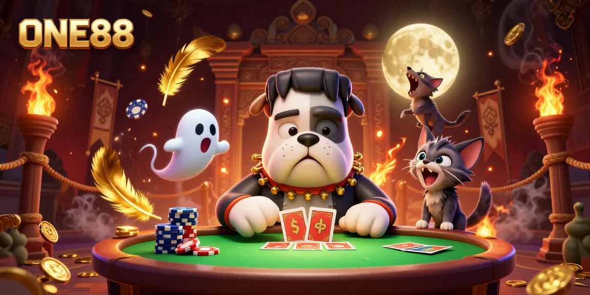ONE88 showcases a Frankenstein bulldog monster dealing cards in a dynamic casino scene full of excitement.