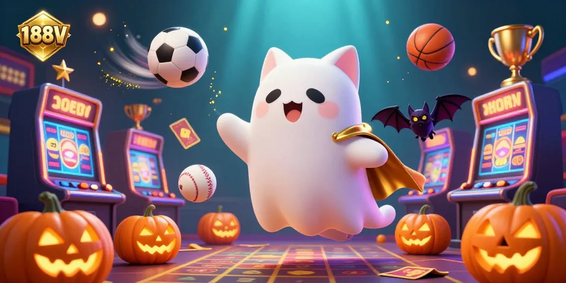 Experience thrilling gaming at 188V with a vibrant phantom cat and bat in a haunted casino atmosphere.