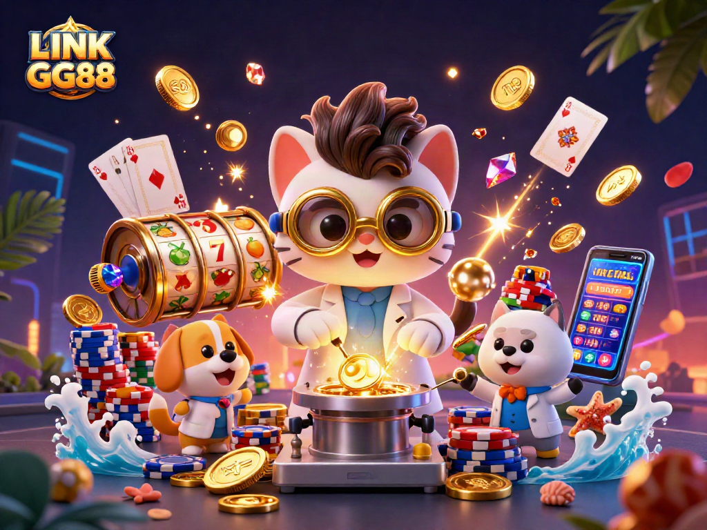 Engage in lively casino fun with LINK GG88, featuring playful characters in a vibrant gambling illustration.
