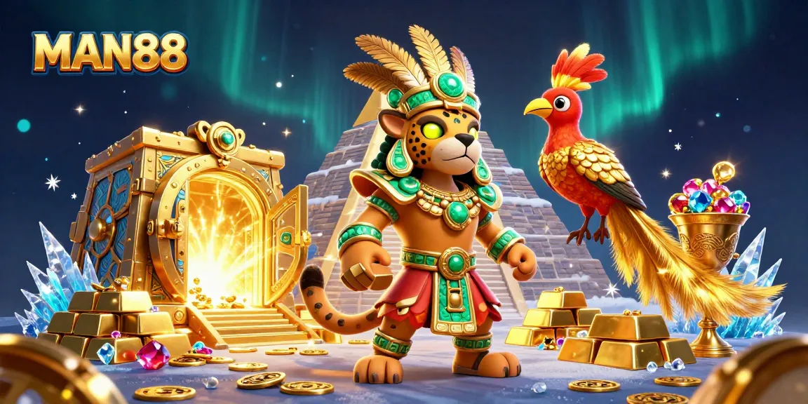 Experience the excitement at MAN88 with a vibrant casino scene filled with treasures and games.