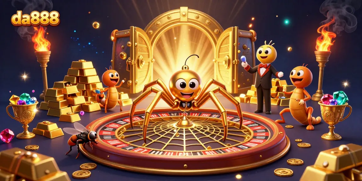 Engage with da888 as the golden spider spins a roulette wheel web, with treasure scattered around.