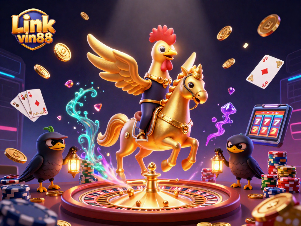 Experience thrilling gameplay with Link vin88 in a vibrant casino scene featuring golden rooster and treasures!