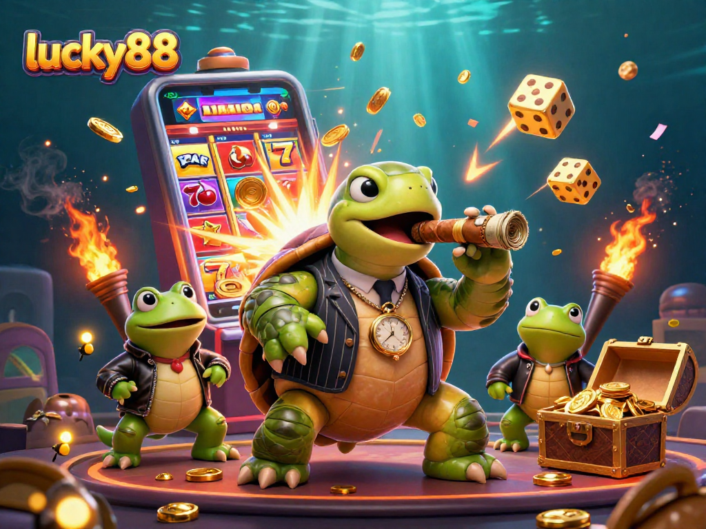 Experience the vibrant world of lucky88 with casino games, slot machines, and colorful characters.