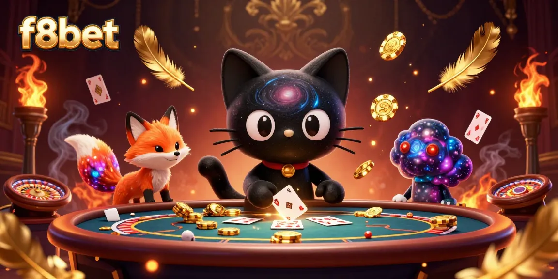 Engage with f8bet's vibrant gaming world as a black hole cat captivates players at a cosmic casino.