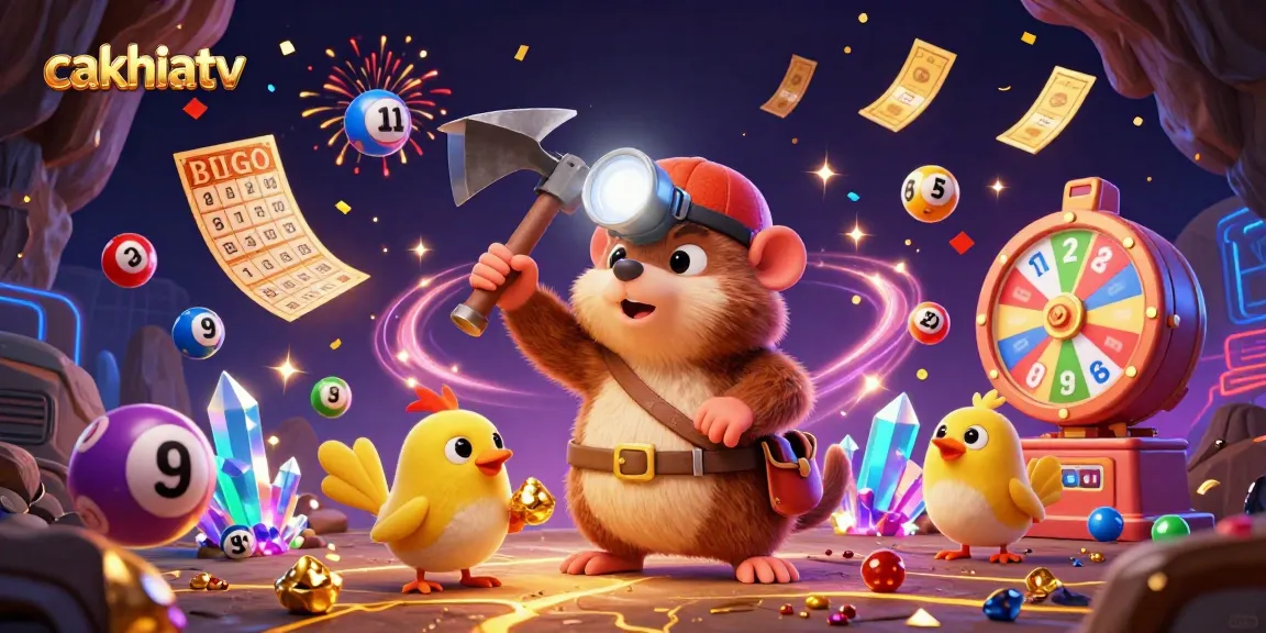 Cakhiatv showcases dynamic gambling excitement with a treasure hunter mole mining gems amidst a flurry of winning elements.