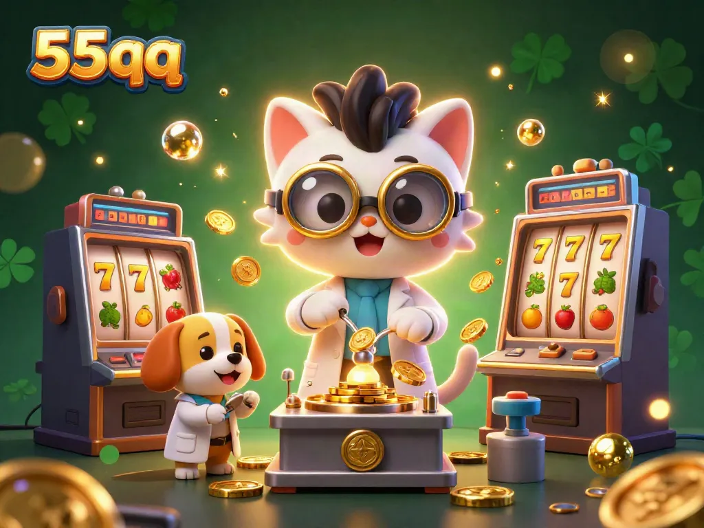 Experience the thrill of 55qq with a mad scientist cat and dog creating gold coins in a vibrant casino scene.