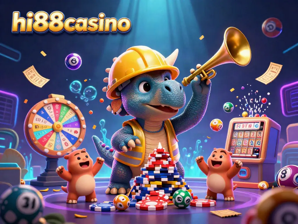 Experience thrilling action at hi88casino with an energetic scene of a triceratops and friends celebrating gambling.