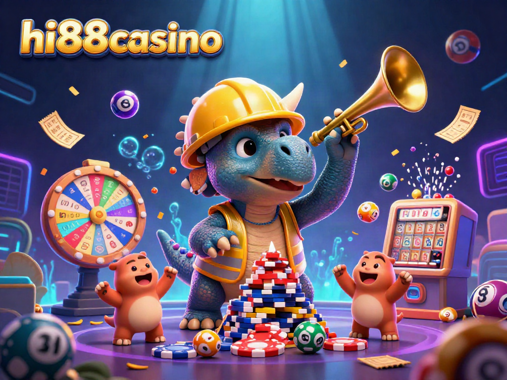 Experience thrilling action at hi88casino with an energetic scene of a triceratops and friends celebrating gambling.