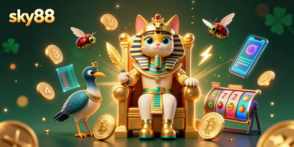 Experience the exciting world of sky88 with a vibrant 3D casino scene featuring slot elements and crypto coins.