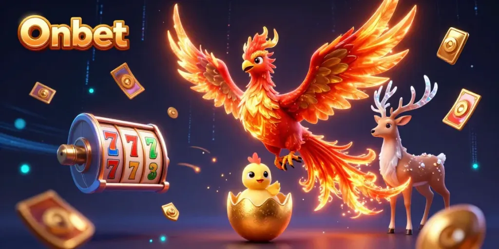 Experience the thrill of Onbet with this vibrant 3D illustration featuring a phoenix soaring above casino elements and slot games.