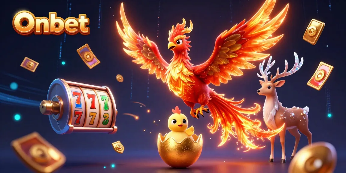 Experience the thrill of Onbet with this vibrant 3D illustration featuring a phoenix soaring above casino elements and slot games.