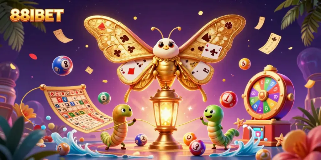 Experience vibrant gaming at 88IBET with golden moths and dynamic casino elements.