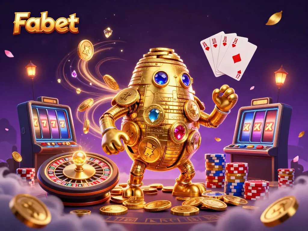 Experience the excitement of Fabet with a dynamic 3D golem and casino elements, showcasing gaming thrills.