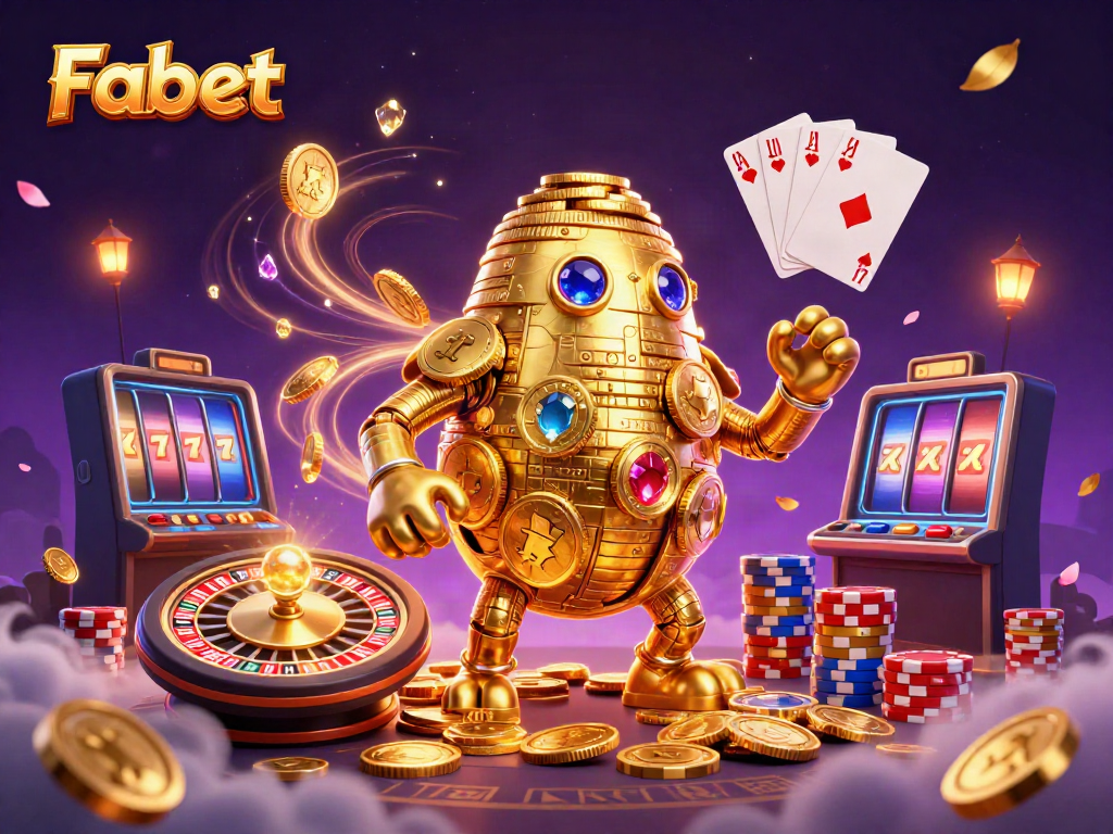 Experience the excitement of Fabet with a dynamic 3D golem and casino elements, showcasing gaming thrills.