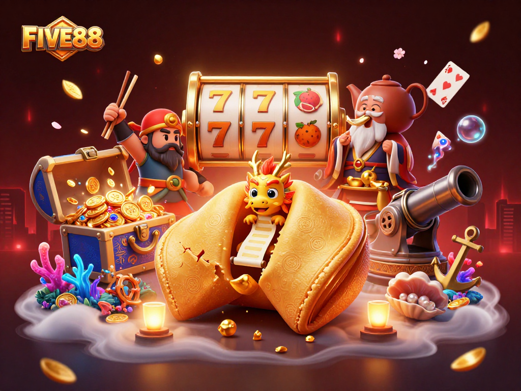 FIVE88 captivates with dynamic slot reels and golden treasures in this vibrant casino scene.