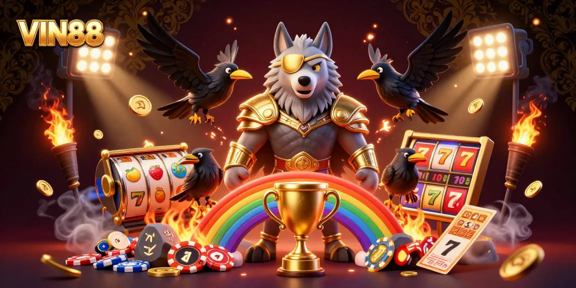 Experience VIN88's thrilling gaming atmosphere with Odin and mythical ravens surrounded by glowing slot elements.