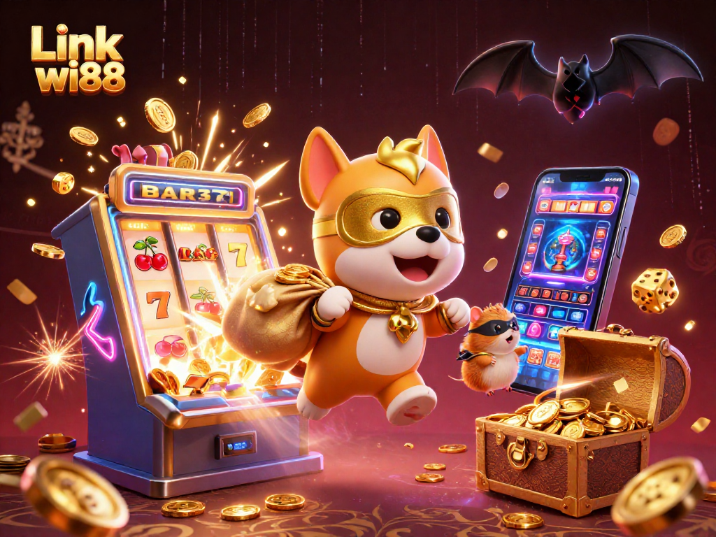 Spin the reels and win with Link wi88 as playful heroes surround a treasure-filled jackpot.