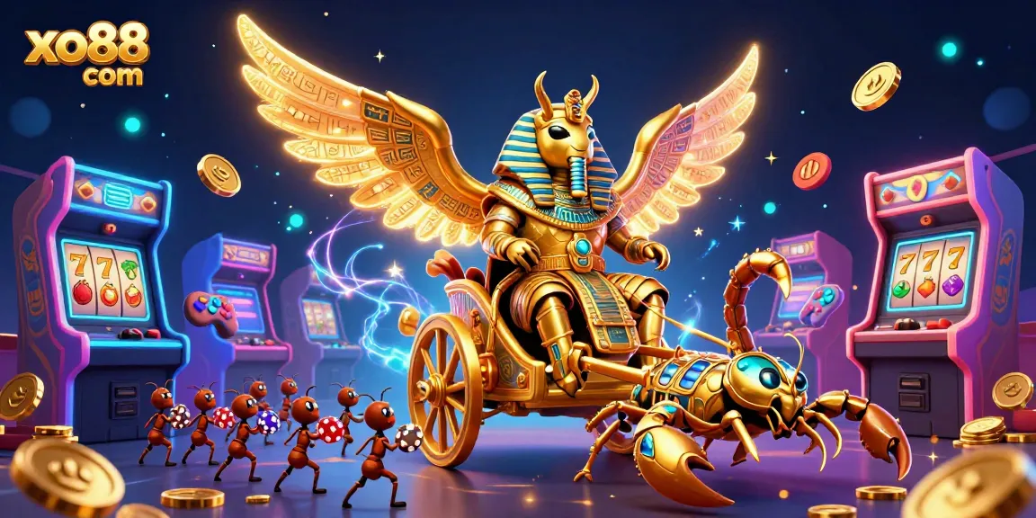 Engage with thrilling games at xo88 com, showcasing a vibrant casino scene with slot reels and arcade excitement.