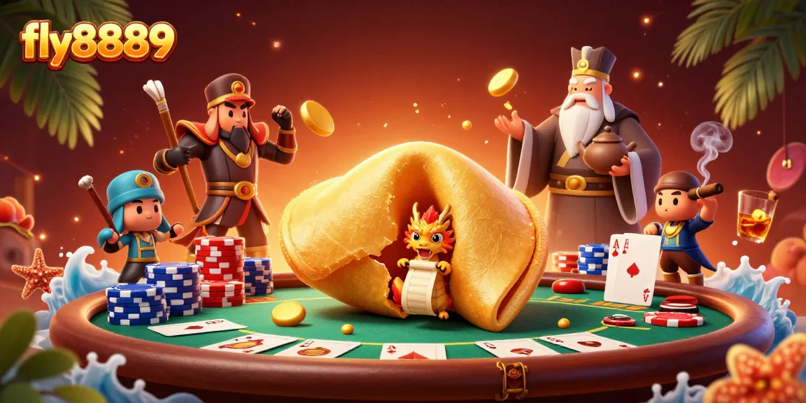 Experience fly8889's thrilling casino adventure featuring a golden fortune cookie and poker elements.