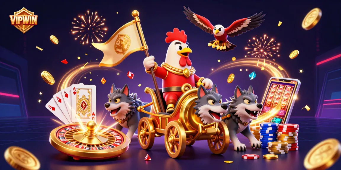 Watch the dynamic scene of VIPWIN with a rooster warlord, golden chariot, and vibrant casino elements.