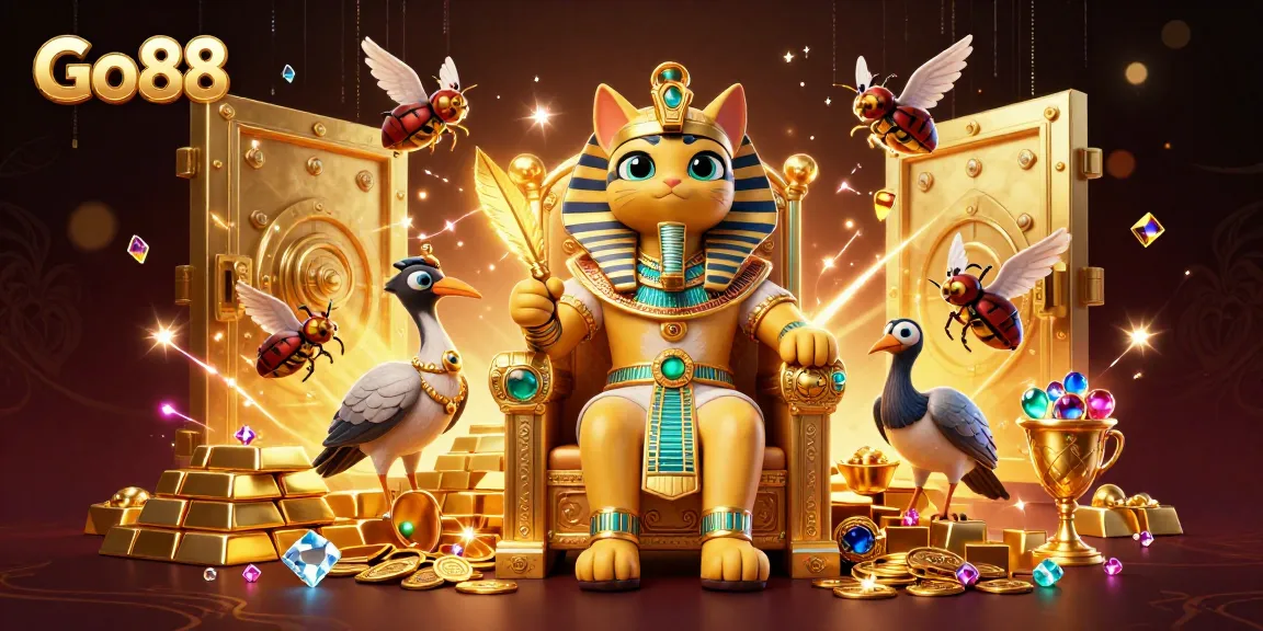 Win big at Go88 with a captivating scene featuring a pharaoh cat, treasure, and casino elements
