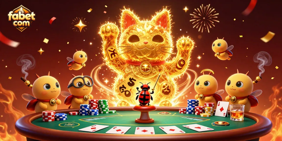 Engage with fabet com's exciting gaming experience featuring a giant lucky cat and vibrant casino elements.