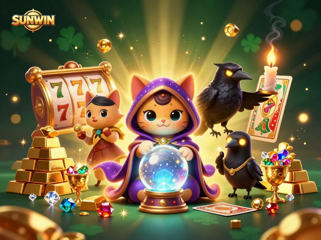 SUNWIN offers a vibrant casino scene with a mystical cat, a glowing raven, and dynamic slot reels.