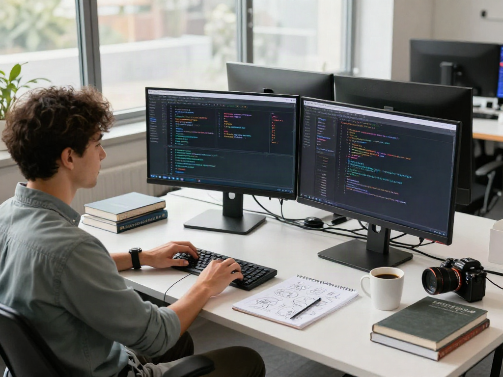 Hình ảnh không gian làm việc của nhà phát triển phần mềm với màn hình hiển thị code và môi trường sáng tạo, liên quan đến link f168.