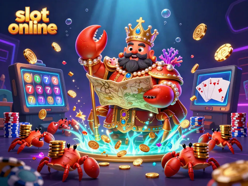Experience the excitement of slot online with a golden emperor crab surrounded by treasures, coins, and colorful game elements.