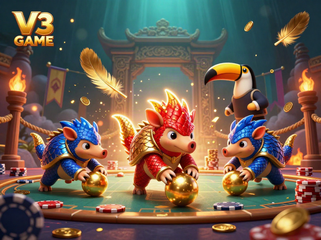 Engage in the exciting V3 GAME experience with colorful pangolins and dynamic gambling elements.