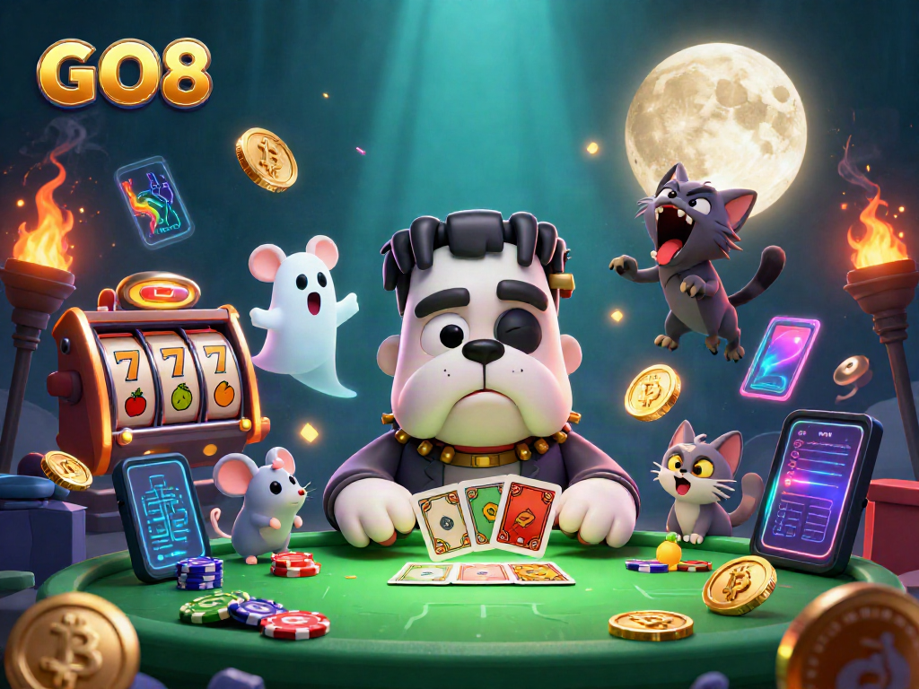 GO8 casino scene featuring a spooky dog dealer with a ghost mouse and jackpot elements.