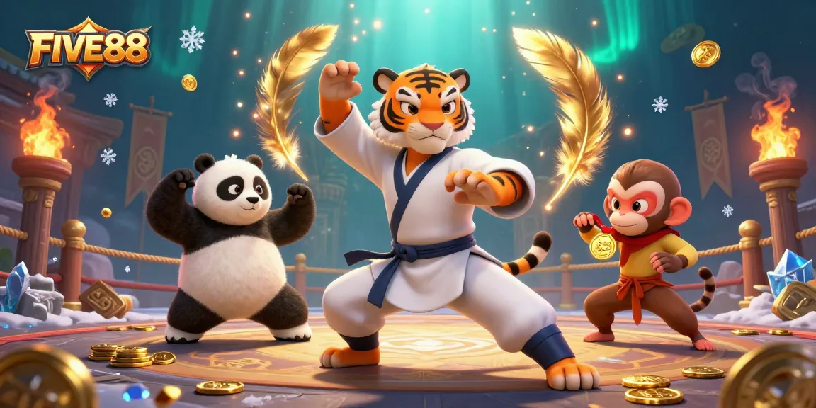 Engage in thrilling FIVE88 casino action with a kung fu tiger, panda, and monkey amid dynamic games.