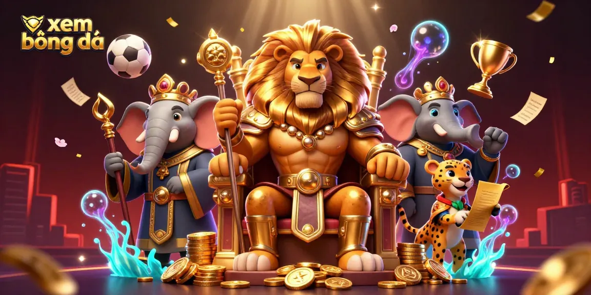 Experience xem bóng đá with dynamic sports elements and vibrant casino-themed characters.