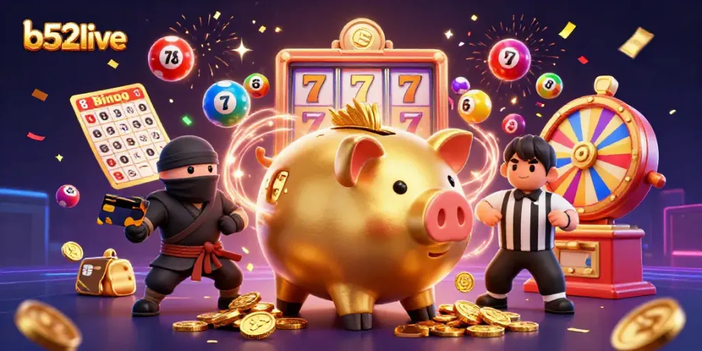 Engage in thrilling games at b52live with a golden piggy bank sumo wrestler amidst a vibrant casino scene.
