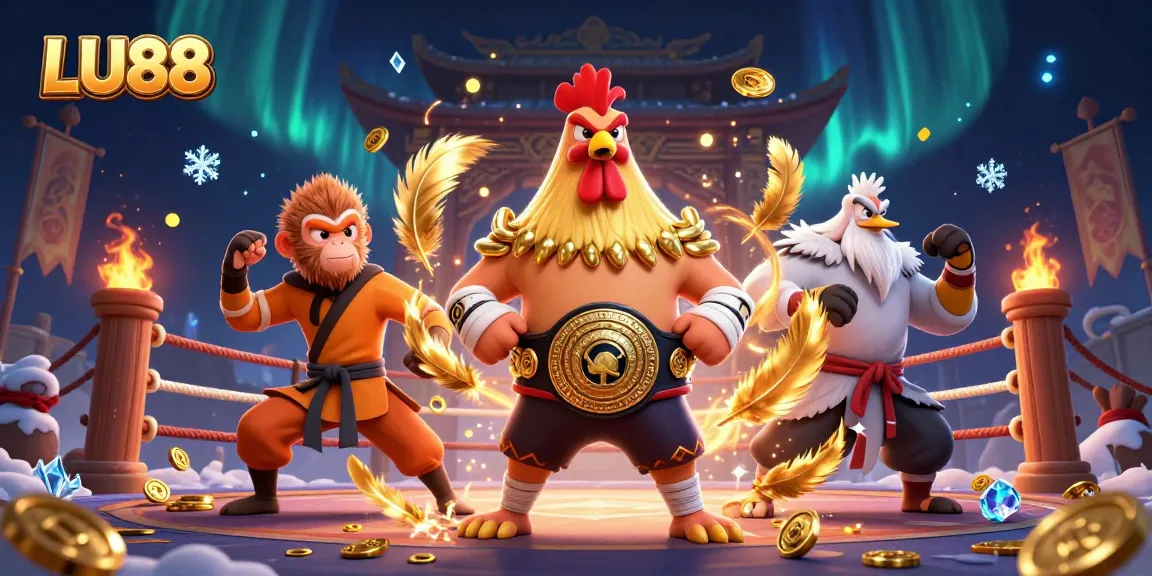LU88 vibrant illustration featuring a Muay Thai rooster, a Shaolin monkey, and a wise crane master in a colorful gaming arena.