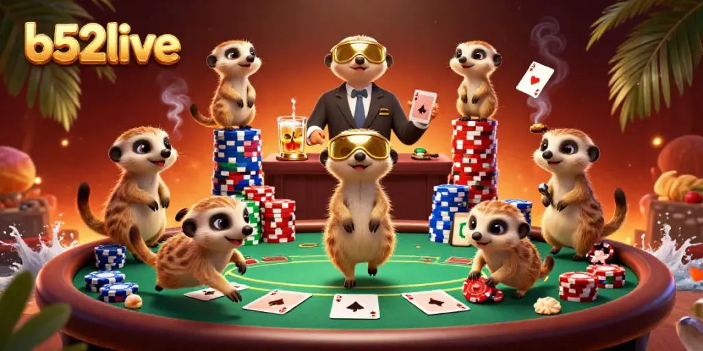 Engage in thrilling casino action with b52live's meerkat gaming scene and colorful poker elements.