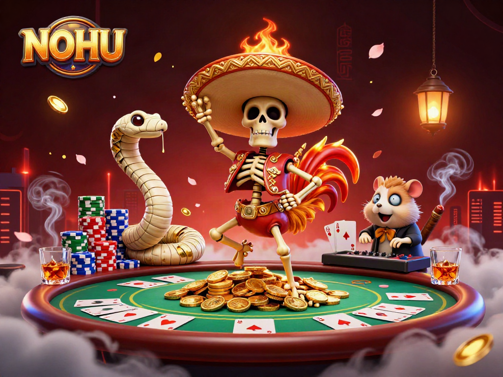 Experience the vibrant energy of NOHU's casino with characters dancing among golden coins and poker chips.