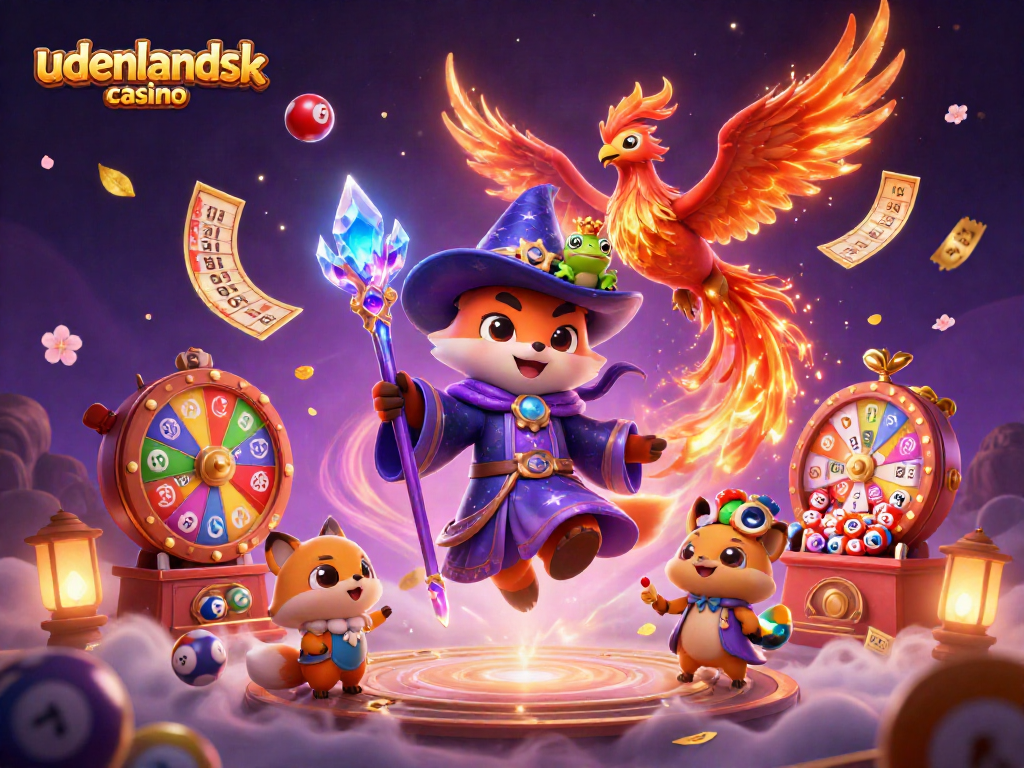 Experience the magic of udenlandsk casino with a wizard and phoenix in an enchanted scene.