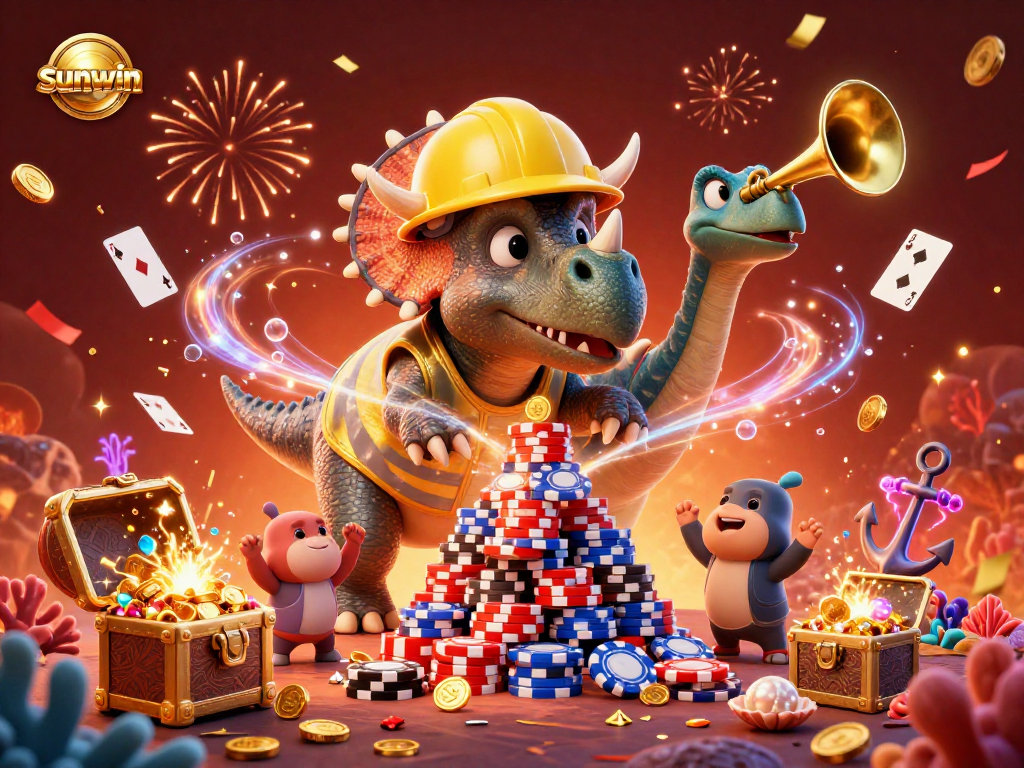 Celebrate gaming at sunwin with an exciting scene of a triceratops building poker chips surrounded by vibrant casino elements.