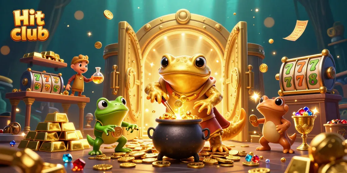 Hit club excitement illustrated with rich casino elements, including gold coins and slot reels, immersing players into the gambling world.