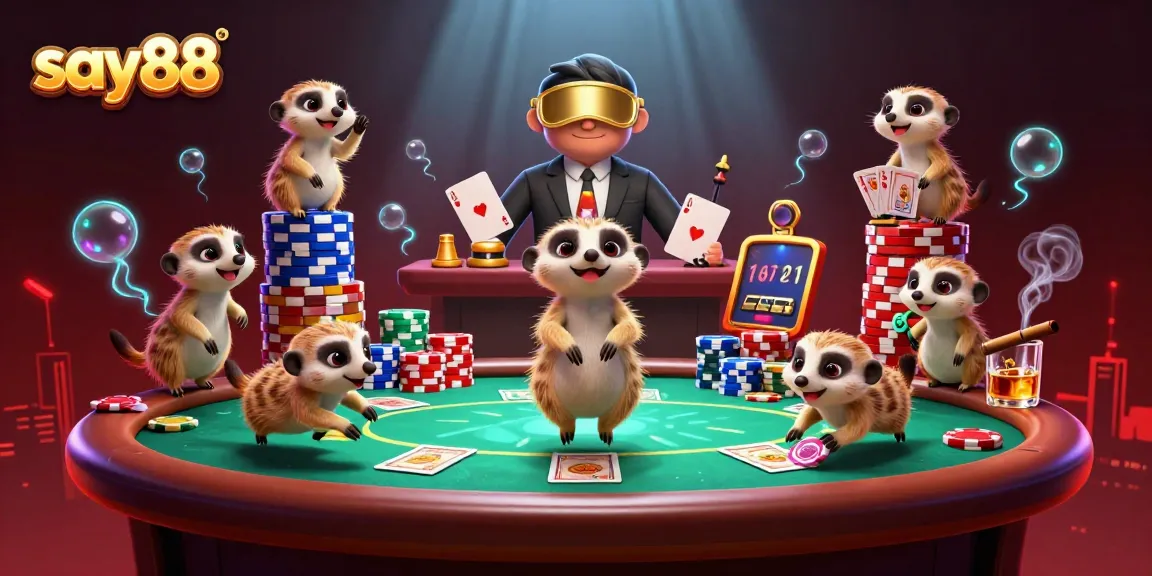 Engage with say88's immersive gaming scene featuring meerkats managing a vibrant casino operation.